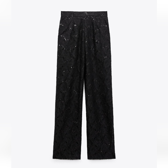 Zara * Limited Edition Black Lace Sequin High Waisted Wide Pants - Picture 6 of 14